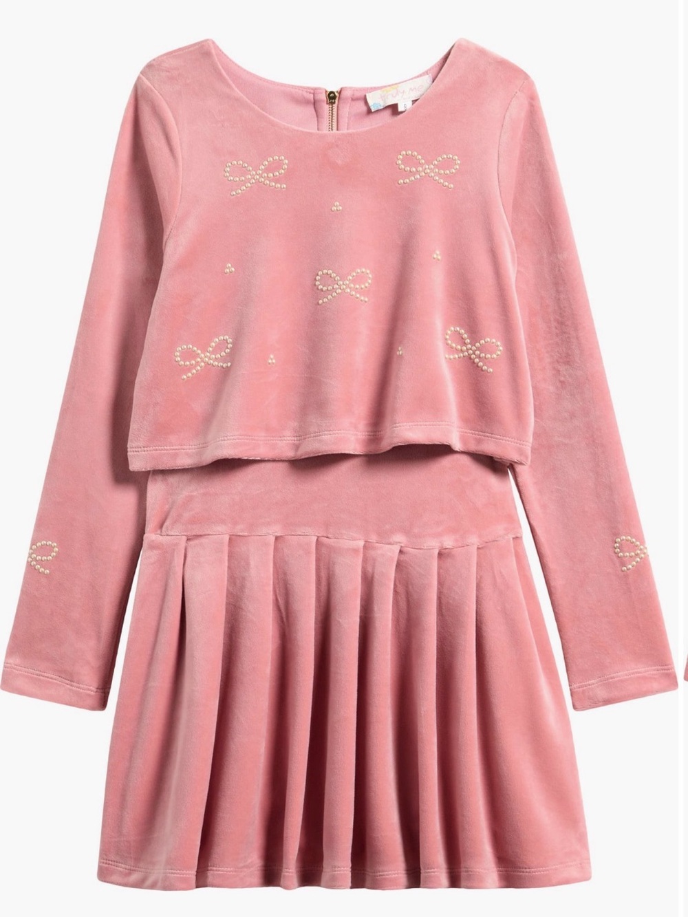 Truly Me Pink Velvet Dress with Pearl Bow Embellishments